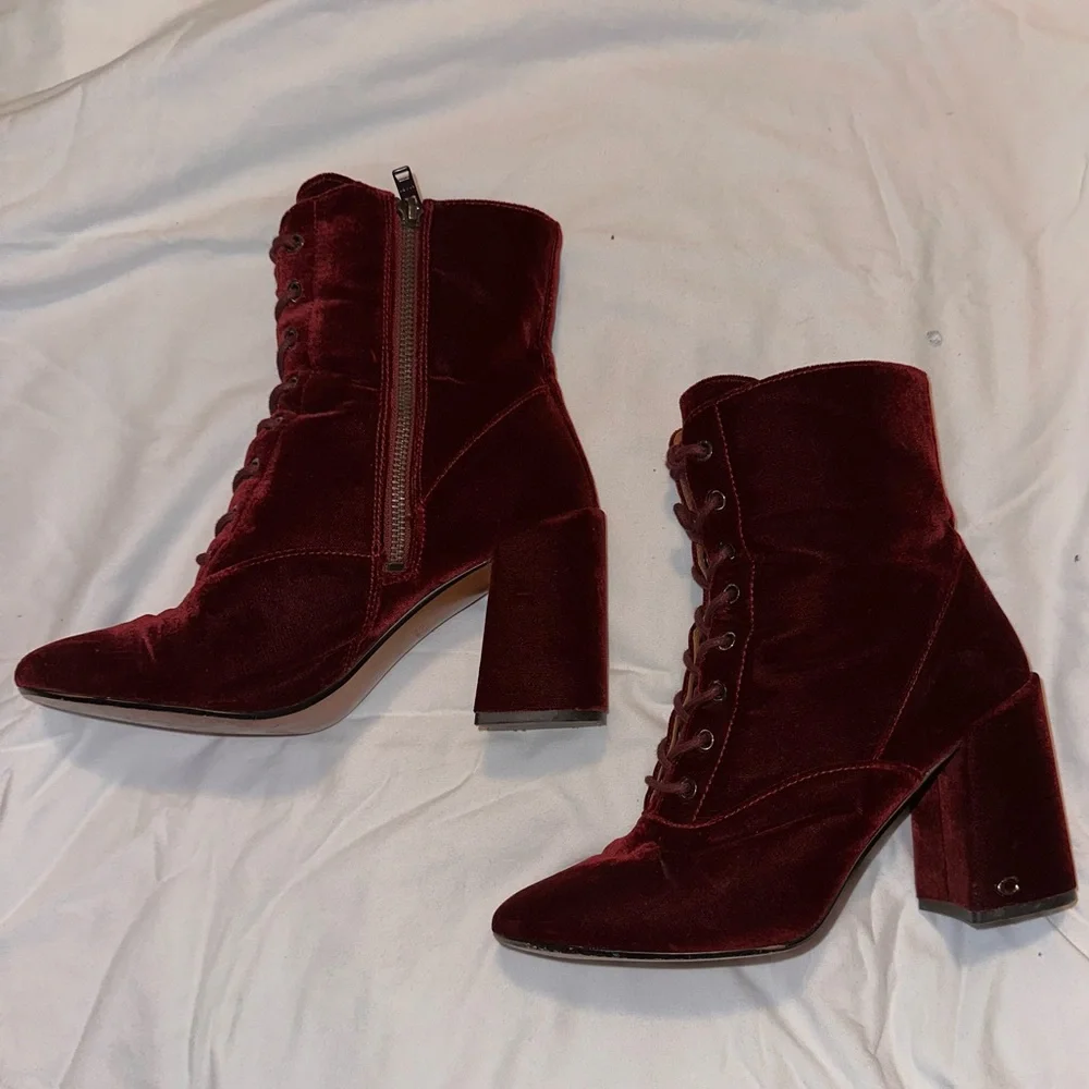 Coach Burgundy Velvet Lace-Up Block Heel Boots - Picture 3 of 5